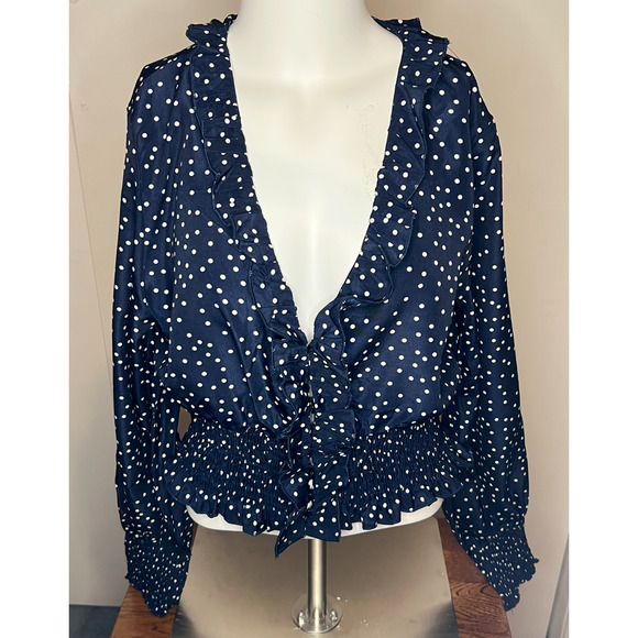 Princess Polly Womens Blouse Size 8 Blue Long Sleeve Ruffle Polka Dot Pullover - Picture 3 of 10